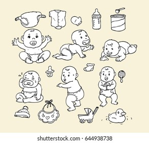 lovely baby character line drawn set