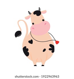 Lovely Baby Cow with Bell, Adorable Funny Farm Animal Cartoon Character Vector Illustration