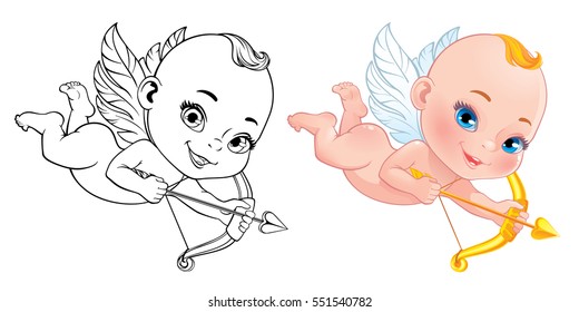 Lovely Baby Cupid. Vector illustration for coloring book, poster, greeting card, party invitation, banner or flyer. Isolated on white background.