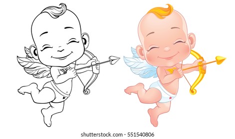 Lovely Baby Cupid. Vector illustration for coloring book, poster, greeting card, party invitation, banner or flyer. Isolated on white background.