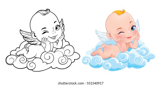 Lovely Baby Cupid. Vector illustration for coloring book, poster, greeting card, party invitation, banner or flyer. Isolated on white background.