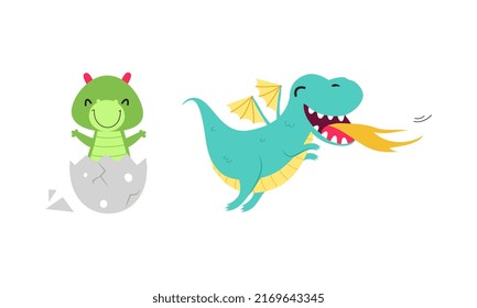 Lovely baby dragons set. Adorable funny little fairytale creatures cartoon vector illustration
