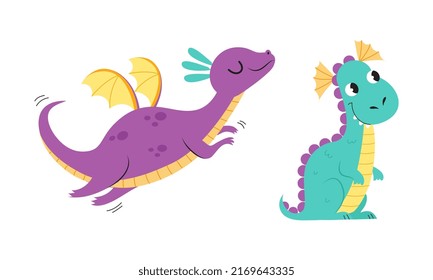 Lovely baby dragons set. Funny little dinosaurs, fairytale creatures cartoon vector illustration