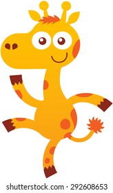 Lovely baby giraffe with yellow fur, orange spots, pointy ears, long ossicones, bulging eyes and playful mood while staring at you, raising a leg, dancing, waving enthusiastically and smiling sweetly