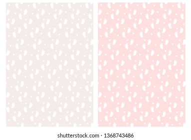 Lovely Baby Girl Feet Seamless Vector Pattern. White Tiny Feet and Hearts Isolated on a Light Gray and Pink Background. Baby Shower Party Decoration. Set of 2 Pastel Color Abstract Nursery Arts.