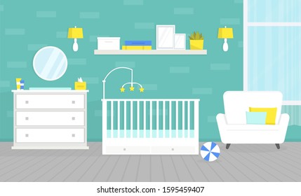 Lovely baby room interior with furniture. Crib for newborn, changing table, chest of drawers. Nursery, home design. Flat vector illustration.