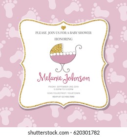 Lovely baby shower card template with golden glittering details, vector format