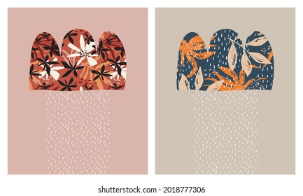 Lovely Baby Shower Cards with Big Clouds and Tiny Rain Drops. Simple Nursery Vector Illustration with Fluffy Floral Clouds on a Light Dusty Pink and Beige Background. Lovely Wall Arts for Decoration.