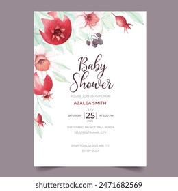 Schöne Babydusche Einladung Design Vorlage mit Granatapfel, und Narzissenblumen, Aquarell Blumeneinladung