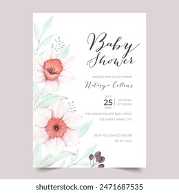 Lovely Baby Shower Invitation design template with daffodil flowers, Watercolor floral invitation