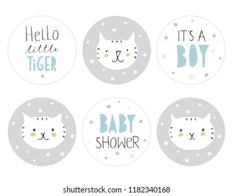 Lovely Baby Shower Round Shape Tag Set. Cute Little White Tigers with Tiny Stars on a Grey Background. Hand Written Text. It's a Boy. Hand Drawn Infantile Design. Candy Bar Toppers.Lovely Nursery Art.