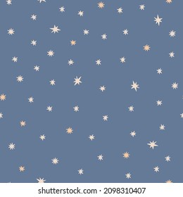 Lovely baby shower starry sky seamless pattern vector illustration, hand drawn stars in random chaotic order, sweet dreams children funny simple image for textile, gift paper