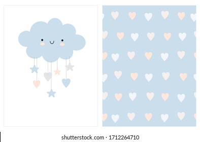 Lovely Baby Shower Vector Card with Blue Fluffy Kawaii Cloud with Hanging Stars and Hearts. Cute Seamless Vector Patterns with White and Light Blush Pink Hearts Isolated on a Pastel Blue Background. 