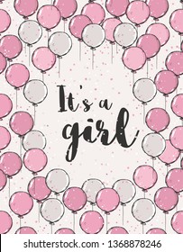 Lovely Baby Shower Vector Card.It's a Girl Illustration with Flying Pink and Beige Air Balloons.Sweet Nursery Art for Baby Girl Welcome Party.Frame Made of Pastel Color Balloons Light Gray Background.