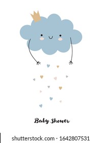 Lovely Baby Shower Vector Illustration. Blue Smiling Cloud with Dropping Hearts Isolated on a White Background. Funny Nursery Art ideal for Card, Invitation, Wall Art, Poster, Baby Boy Party.