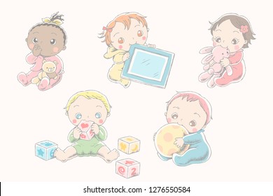 Lovely baby with their toys in line style Lovely baby with their toys in line style