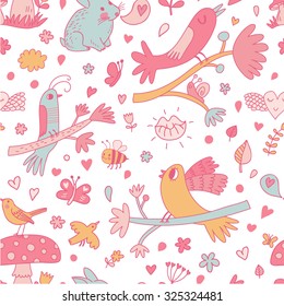 Lovely background with cute birds on branches, bees, butterflies, rabbit and other romantic symbols in vector. Awesome spring seamless pattern in pink colors. 