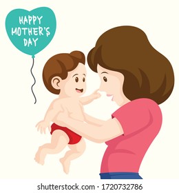 Lovely background of mother laughing with her baby.  baby touch the nose of  her mother vector illustration. happy mother's day