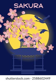 Lovely banner with blooming sakura branch on dark blue background. Vector illustration for your design