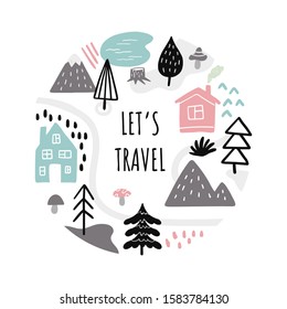 Lovely banner on travels theme. Hand-drawn vector illustration with text and many elements like mounts, country houses, trees.