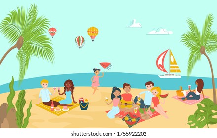 Lovely beach ocean place, lover couple relax paradise tropical seaside and family rest picnic flat vector illustration. Cheerfully time spend, sea background with aerostat, palm tree leaf.