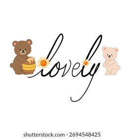 Hermosa pareja de osos con texto escrito a mano "Encantador" en estilo minimalista y lindo. Los colores pastel suaves, las expresiones suaves y los detalles florales crean una sensación cálida y romántica