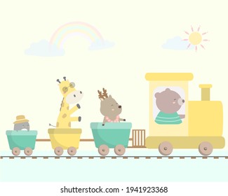 Lovely Bear driving the trolley take deer, giraffe and penguin to travel on summer holidays, Hand drawn style flat vector illustration, Cartoon Character in Summer time concept