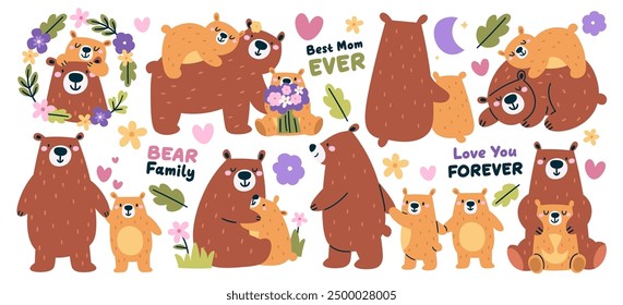 Lovely bear family with mom and baby cub characters hand drawn isolated set and cute love phrase letterings vector illustration. Greeting cards, printable nursery invitation heartwarming design