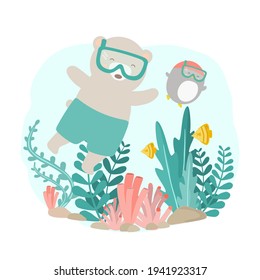Lovely bear and penguin wear snorkel diving undersea   goggles and clown fish in summer holidays, Hand drawn style flat vector illustration, Cartoon Character in Summer time concept