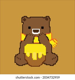 Lovely Bear Pixel Art With Honey.