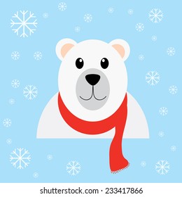 lovely bear with red scarf  on Christmas backgrounds with snowflakes