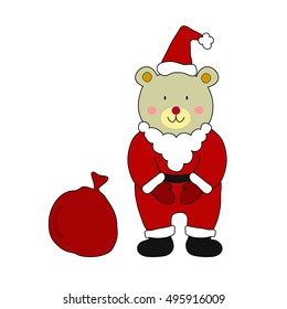 Lovely bear wearing santa claus suit. Hand drawn cartoon, vector illustration