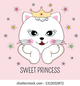 Lovely beautiful cat princess Isolated on a pink background with colored stars. Illustration for children print design, kids t-shirt, baby wear. Vector greeting card.