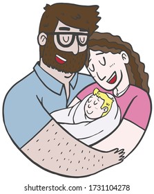 Lovely Beautiful Couple Holding Baby in Their Arms Simple Charcter Design.