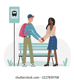 Lovely beautiful couple leaving each other at bus station. Respectful and honest based relationship flat vector illustration