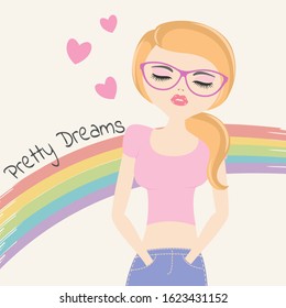 Lovely beautiful  girl in sunglasses. Pretty dreams.  Graphic element for fashion print design, greeting  card, cover, poster and t-shirt.  Vector illustration.