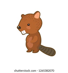 Lovely beaver vector illustration on white background. Woodland animal icon. Cute brown beaver clipart. Baby logo. Forest animal sticker. Wild animal of forest. Friendly beaver cartoon character