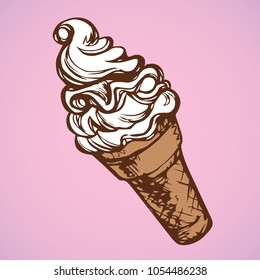 Lovely big yummy twist design ice cream brown crispy cupcake on pink backdrop. Bright color hand drawn icecream icon emblem sketch in art retro cartoon doodle graphic style