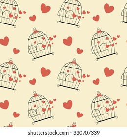 lovely bird cage with heart romantic valentine's day seamless vector pattern background illustration