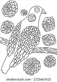 Lovely bird coloring book page for kids and adults. Fantasy wild bird on tree and flowers around. Black outline isolated on white. Forest bird stock vector illustration. One of a series.