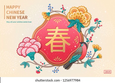 Lovely bird and flower painting new year design with spring word written in Chinese character