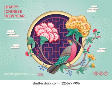 Lovely bird and flower painting new year design in clay style, Happy lunar year written in Chinese characters on blue background