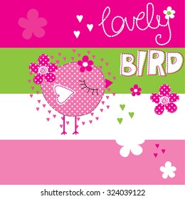 lovely bird with flowers on striped background vector illustration