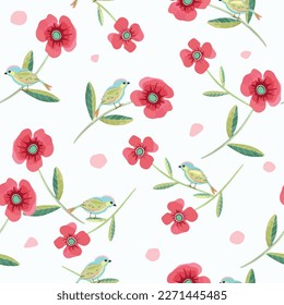 Lovely bird and red pink flower seamless pattern 