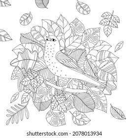 lovely bird in round shape of ornate different leaves for your coloring book