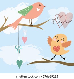 Lovely Bird Singing on the Tree Happy Heart Romance Vector
