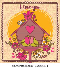 lovely birds couple in nesting box, vector illustration