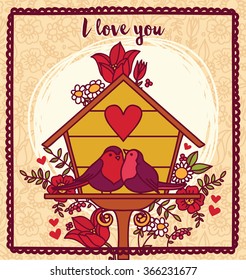 lovely birds couple in nesting box, vector illustration