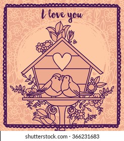 lovely birds couple in nesting box, vector illustration