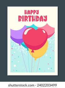 Lovely birthday card. Greeting card or cover with colorful balloon and lettering. Celebrating anniversary or holiday. Birthday party invitation. Cartoon flat vector illustration isolated on background